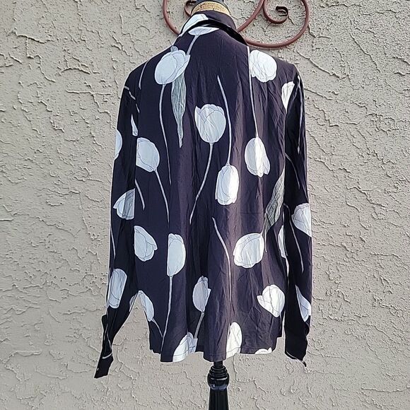 Vintage 70s Long Sleeve Shirt Blouse, Black W White Tulips By Lady Capermates - Picture 4 of 6